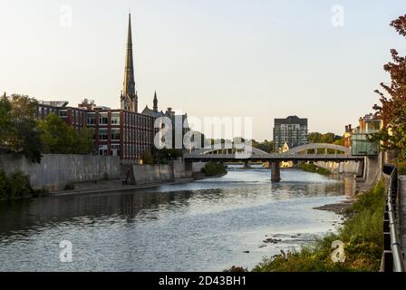 CAMBRIDGE, CANADA - Sep 22, 2020: Aerial and ground shot over the downtown area of Galt and the Grand River in the the City of Cambridge Stock Photo