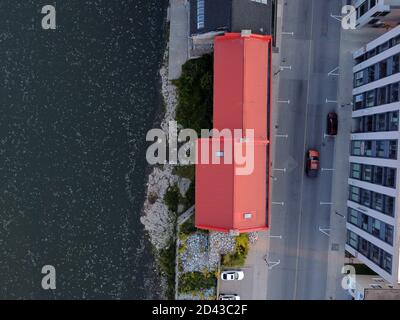 CAMBRIDGE, CANADA - Sep 22, 2020: Aerial and ground shot over the downtown area of Galt and the Grand River in the the City of Cambridge Stock Photo