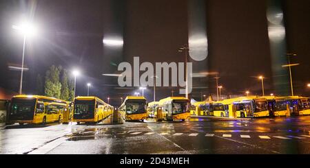 Berlin, Germany. 09th Oct, 2020. Busses stand behind the grid to the depot of the Berlin public transport company (BVG). Public transport in Berlin and Brandenburg has been on strike again since the early morning hours. Credit: Annette Riedl/dpa/Alamy Live News Stock Photo