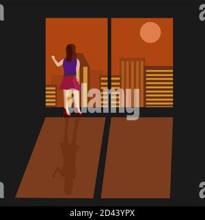Illustration vector design of a woman is standing front of the window and looking at dusk. Stock Vector