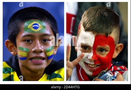 A COMBINATION PHOTO SHOWING TWO YOUNG SOCCER FANS BEFORE WORLD CUP SEMI FINAL BETWEEN BRAZIL AND TURKEY IN SAITAMA.   A combination photo shows two young soccer fans, one with his face painted in Brazil's (L) colors the other in Turkey's (R), before the start of a World Cup semi-final soccer match between the two nations in Saitama June 26, 2002. REUTERS/Dylan Martinez