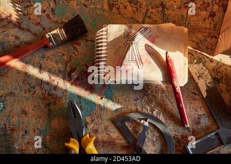 Table with different carpenter's tools Stock Photo