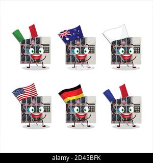 Among us vending machine cartoon character bring the flags of various countries Stock Vector