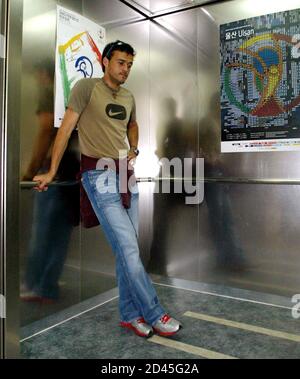 Spain S Midfielder Luis Enrique Stands In An Elevator Inside His Hotel At Spain S Training Camp In Ulsan May 26 2002 Spain Is Drawn In Group B Along With Slovenia Paraguay And South