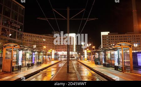 Berlin, Germany. 09th Oct, 2020. No one is at the tram stop at Alexanderplatz. Strikes in public transport (ÖPNV) in Berlin and Brandenburg have been going on again since the early morning hours. Credit: Annette Riedl/dpa/Alamy Live News Stock Photo