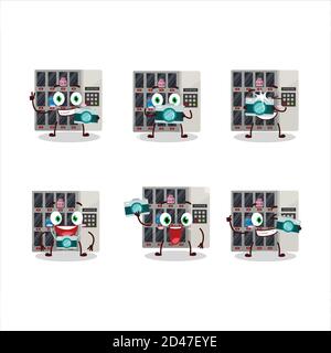 Photographer profession emoticon with among us vending machine cartoon character Stock Vector