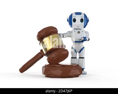 Cyber law concept with 3d rendering mini robot hand holding gavel judge Stock Photo