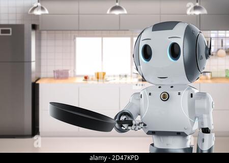 3d rendering chef robot cooking with frying pan Stock Photo