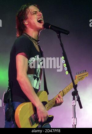 Lead singer of Fuel, Brett Scallions plays guitar at Musikfest Stock ...