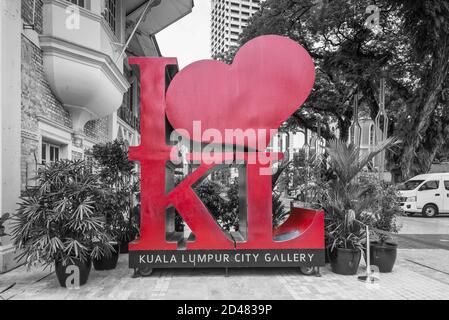 Kuala Lumpur, Malaysia - December 2, 2019: The Icon Red Sign I Love KL in front of Kuala Lumpur City Gallery in Kuala Lumpur, Malaysia. Black and whit Stock Photo