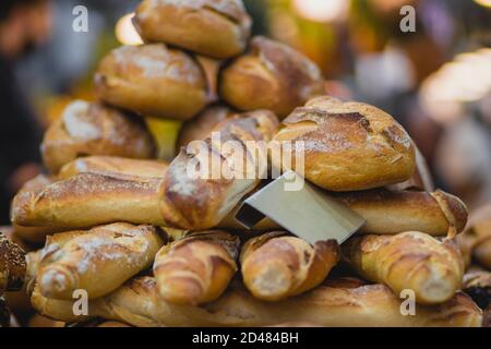 A pile of sourdough baguettes in the Mahane Yehuda market in Jerusalem Stock Photo