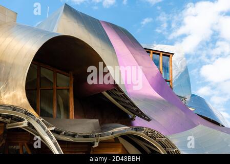 Elciego, Spain - 6 August 2020: Winery of Marques de Riscal in Alava, Basque Country. The futuristic building and luxury hotel was designed by famous Stock Photo