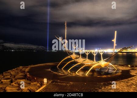 The Imagine Peace Tower ,John lennon,Sun Voyager,Reykjavik Iceland, The beatles Stock Photo