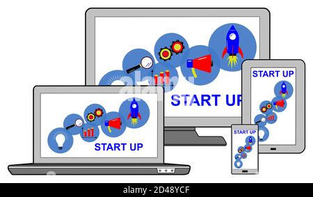 Start up concept on different devices, isolated on white Stock Photo