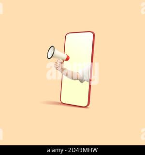 Male hands holding megaphone and shouting right from smartphone's screen, advertising online, sales, promotion concept. Wireless safe shipping, online shopping, finance. Copyspace for ad. Stock Photo