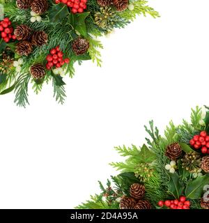 Winter greenery with natural flora & fauna of holly, ivy, mistletoe, cedar  cypress, spruce fir, yew & pine cones. Nature study composition. Flat lay  Stock Photo - Alamy