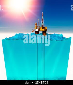 Oil rig, oil extraction. Refining of crude oil. Marine installation for black gold processing. 3d render. 3d section of a stretch of sea Stock Photo