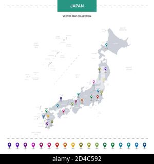 Japan map with location pointer marks. Infographic vector template, isolated on white background. Stock Vector