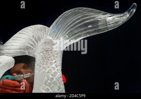 Team Austrias Hannes Lubinger Makes Final Touches On His Ice Sculpture The Ride To Luebeck Depicting A Mermaid During The Iceart 04 World Championships In The Northern German Baltic Coastal Town Of