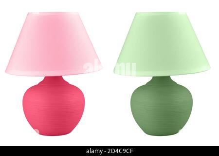 table lamp isolated on white background. Set of two lamps in green and pink colors Stock Photo