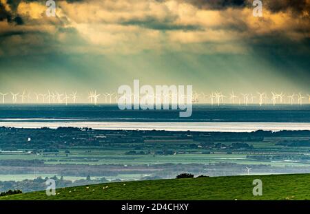Walney Offshore Wind Farm, Irish Sea, UK. 9th Oct, 2020. View of the Walney Wind Farm, in the Irish Sea, the second largest in the world with 189 turbines. Credit: John Eveson/Alamy Live News Stock Photo