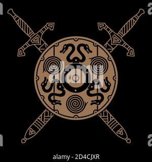 Old Norse, Viking design. Two crossed battle Viking swords, and viking shield Stock Vector