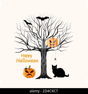 Happy Halloween vector illustration with black cat, tree, pumpkins and bats Stock Vector