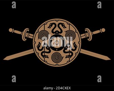 Old Norse, Viking design. Two crossed battle Viking swords, and viking shield Stock Vector
