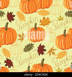 Seamless pattern with autumn leaves and pumpkins. Stock Vector