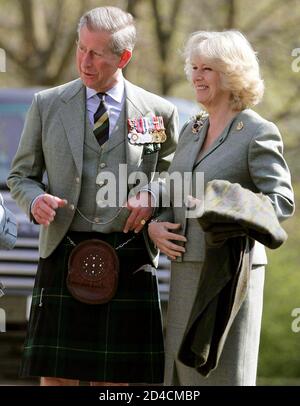 Britain's Prince Charles and his new wife, Camilla Parker Bowles, (Britain's Prince of Wales (L) and Duchess of Cornwall) arrive for a visit to the Gordon Highlanders Museum in Aberdeen, Scotland April 24, 2005. [The Duke and Duchess of Rothesay, as they are known in Scotland, attended a memorial service and wreath laying ceremony honouring soldiers who served in the regiment.]
