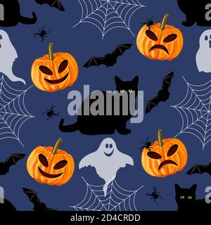 Halloween seamless pattern with black cat, bat, spider, web and pumpkin. Stock Vector
