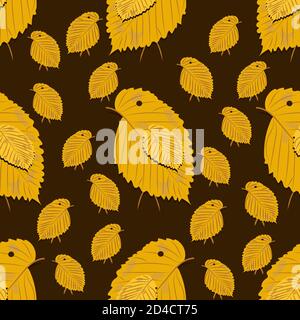 Seamless pattern with chickens made of yellow birch leaves on dark background Stock Vector