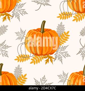 Seamless pattern with leaves and pumpkins. Vector autumn background. Stock Vector
