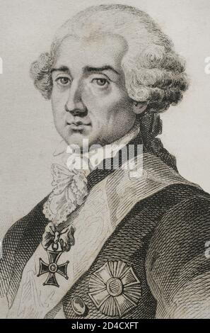 Stanislaw II Augustus (1732-1798). King of Poland and Grand Duke of Lithuania (1764-1795). He was the last monarch of the Polish-Lithuanian Commonwealth. Portrait. Engraving by Lemaitre, Vernier and Millot. History of Poland, by Charles Foster. Panorama Universal, 1840. Stock Photo