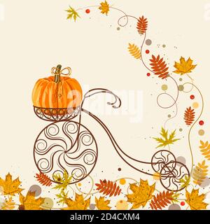 Autumn background with vintage bicycle, pumpkin and colorful leaves Stock Vector