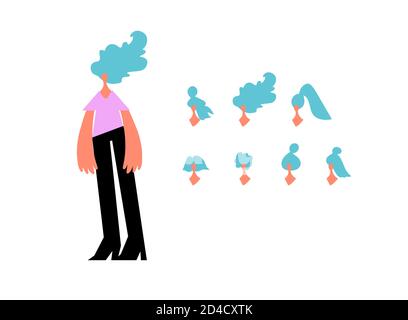 Cartoon vector Illustration of women character set with different haircuts. Classical trendy hairstyle, curly hair, bald. Flat design icons Stock Vector