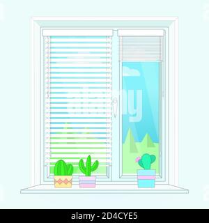 Illustration with window, cacti in pots and landscape outside the window. Flat style. Vector. Stock Vector