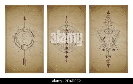Vector set of three vintage backgrounds with geometric symbols and frames. Abstract geometric symbols and sacred mystic signs drawn in lines. In sepia Stock Vector