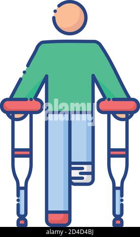 man without a leg using crutches flat style icon vector illustration design Stock Vector