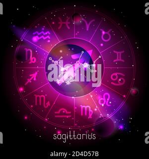 Vector illustration of sign and constellation SAGITTARIUS with Horoscope circle against the space background with planets and stars. Sacred symbols in Stock Vector