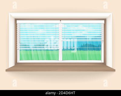 Illustration with wooden window in realistic style on and the rustic landscape outside the window. Vector background. Stock Vector