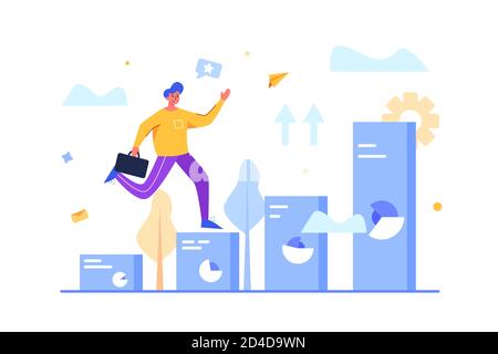 Guy runs upward graphic in flat style. Stock Vector