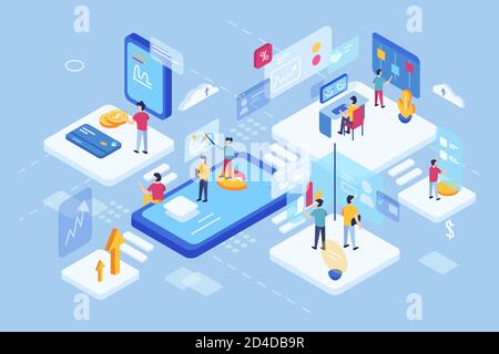 3d isometric view of virtual work with displays and graphs. Stock Vector