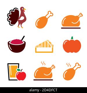Thanksgiving Day food icons set - turkey, pumpkin pie, cranberry sauce, apple juice design in color Stock Vector
