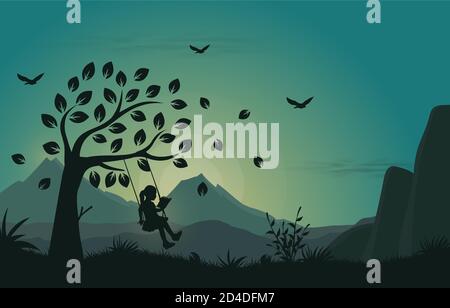Beautiful gradient spring landscape background. with child is playing on the swing while reading a book Stock Vector