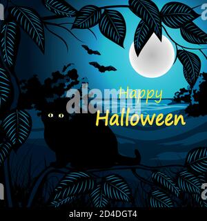 Happy Halloween vector illustration with black cat, tree and bats. Stock Vector
