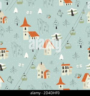 Seamless pattern with village in the forest on a background of mountains Stock Vector