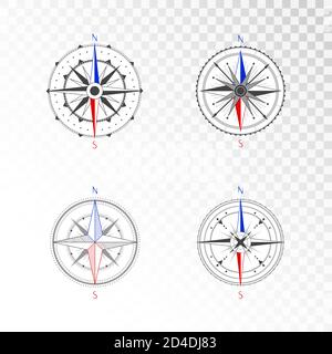 Vector set of vintage compasses or marine wind roses. Collection in line art style. Isolated on transparent background. Black line with the marked col Stock Vector