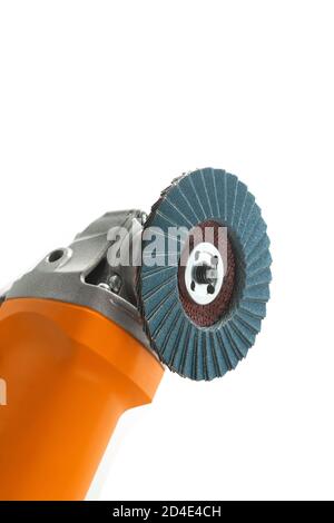 grinding machine with sanding flap disc isolated on white  with copy space Stock Photo