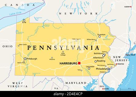 Pennsylvania, PA, political map. Officially the Commonwealth of Pennsylvania. State in the northeastern United States of America. Capital Harrisburg.